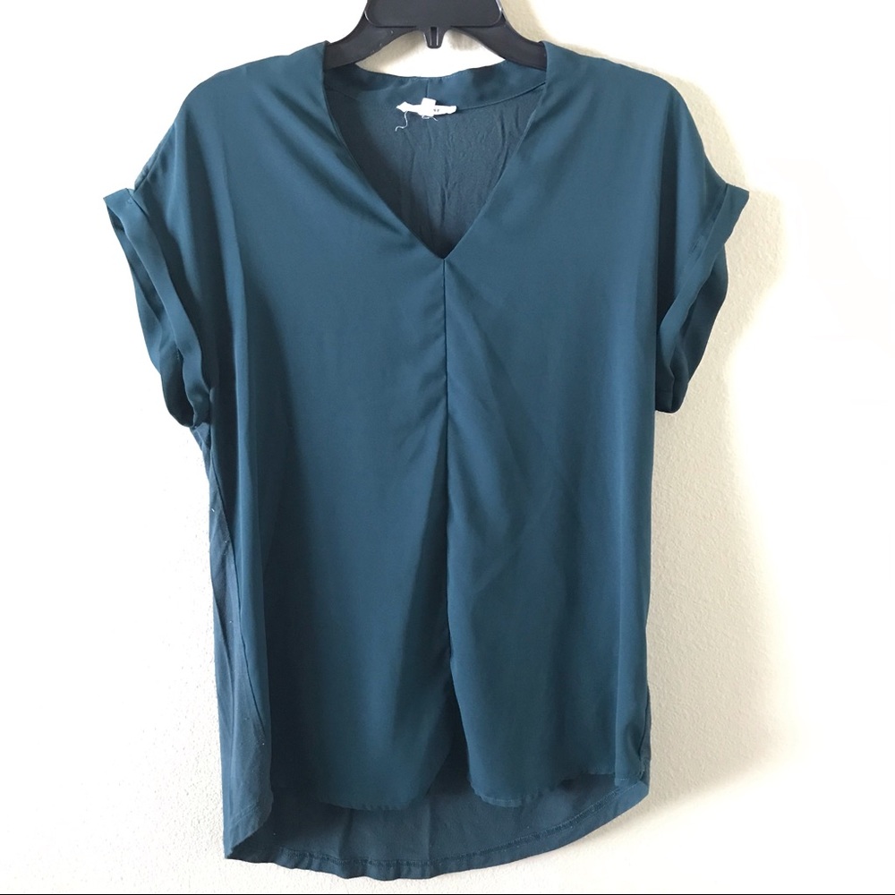 Pleione High Low V Neck Mixed Media Blouse